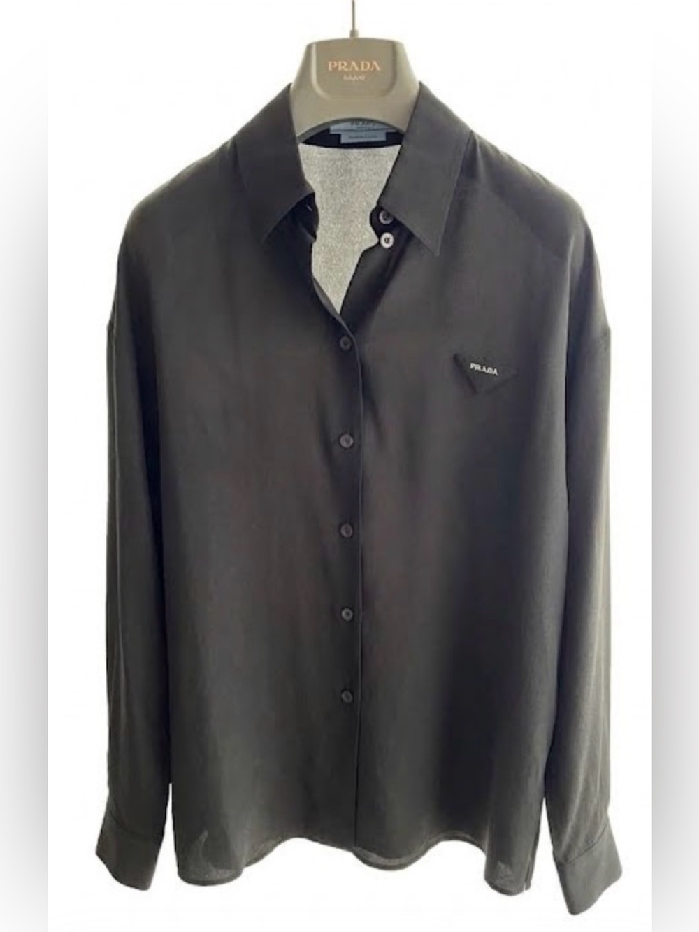 Prada Crepe de Chine 100% Silk Button-up Logo Shirt in Black